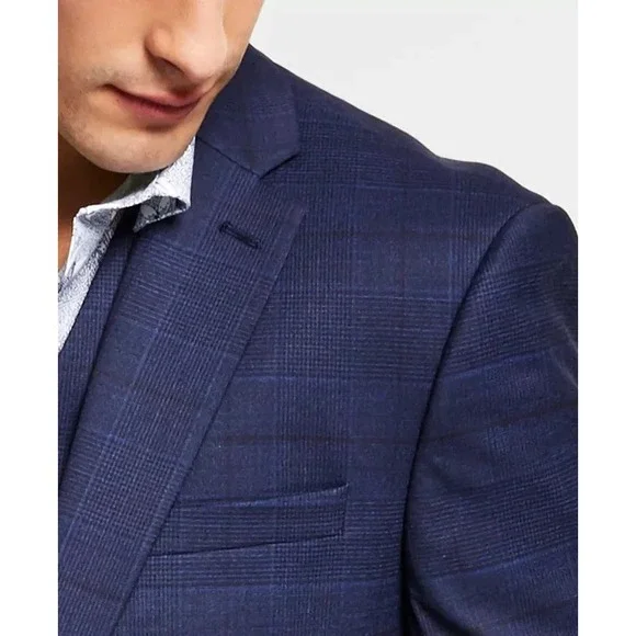 Bar III Men's Slim-Fit Wool Suit Jacket Size 44S Navy Plaid E07996